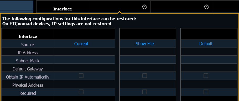 The Restore Defaults popup window in Eos Device Setup.
