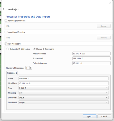 New Project Processor Properties and Data Import Dialog