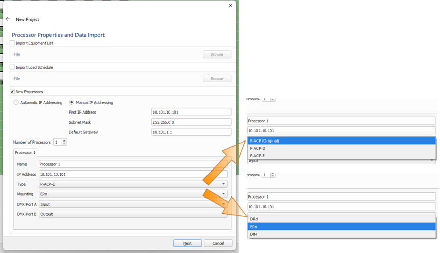 New Project Processor Properties and Data Import Dialog