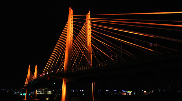 Tilikum Crossing bathed in orange