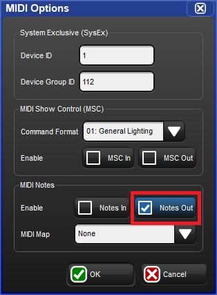 The MIDI Options window witth Notes Out turned on