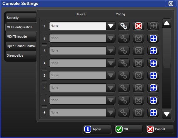 The MIDI Configuration pane of the console settings window