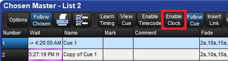 Fragment of a cuelist showing clock enable button