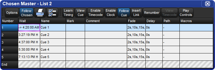 Fragment of a cuelist with clock triggers