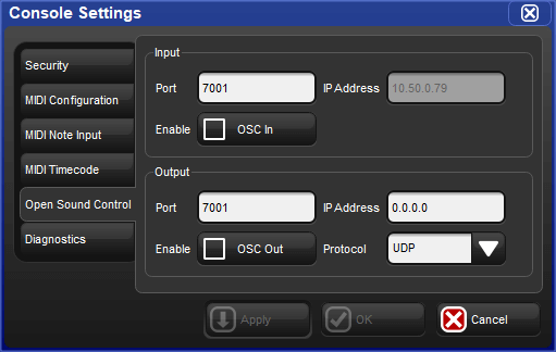 The OSC pane of the console settings window