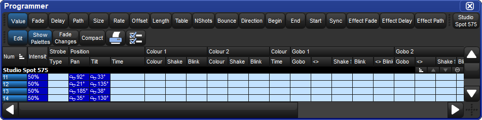 Screenshot fragment of programmer with parameters with effects
								values