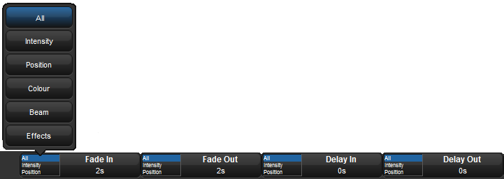Composite screenshot of the Wheels Toolbar showing timings with the pop up of parameter types.