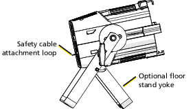 ColorSource PAR jr fixture, showing the safety cable attachment loop at the back of the fixture and the yoke converted to a floor stand