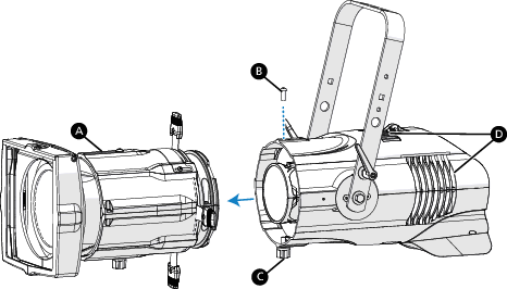 Detail view of fixture showing shutter barrel, lens tube, and heat-dissipating fins