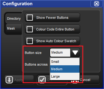 Screenshot fragment, showing button size options.