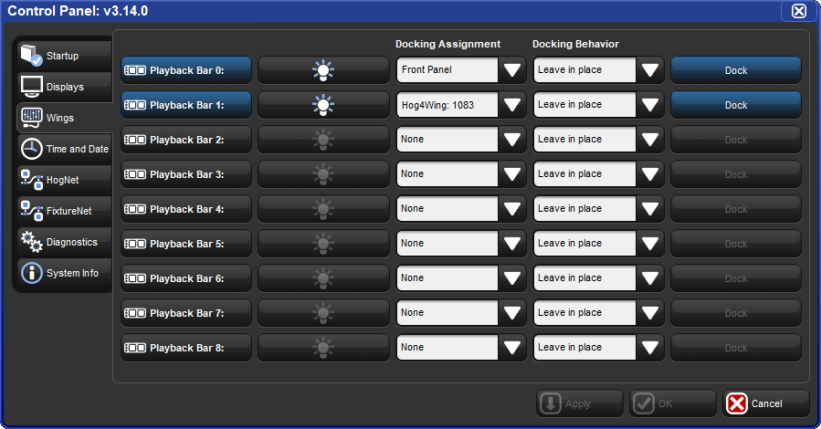 The wings pane of the control panel