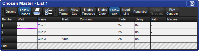Cue 3 with a Fade Mark.
