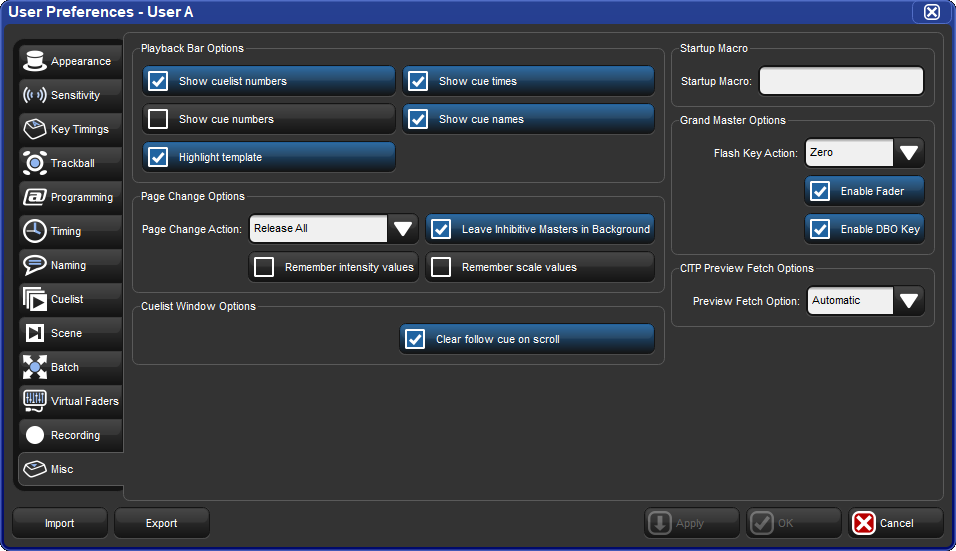 The Misc pane of the Preferences window
